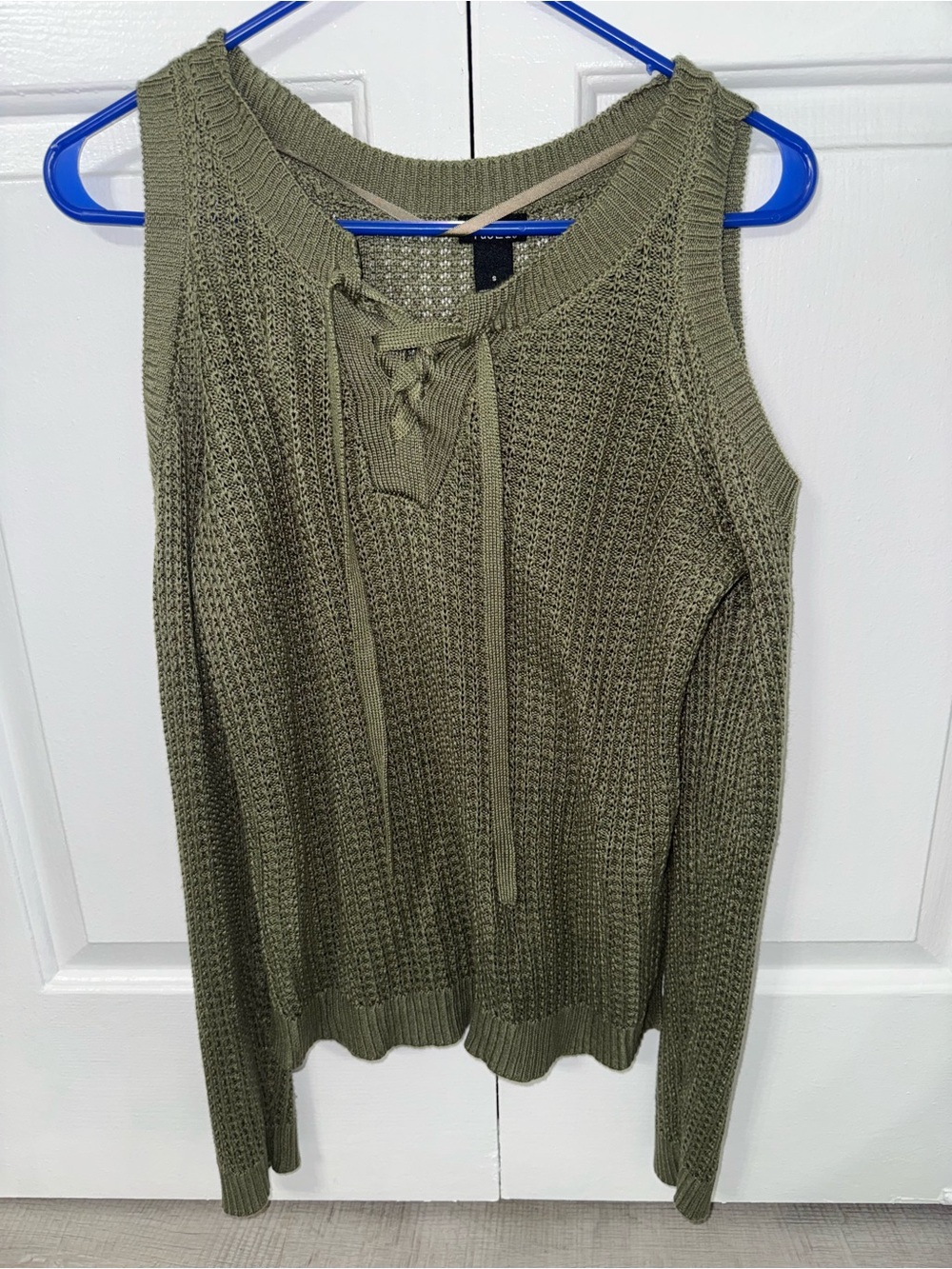 Rue21 Women’s Small Olive Green Cold Shoulder Lace Up Knit Sweater Pullover Y2K